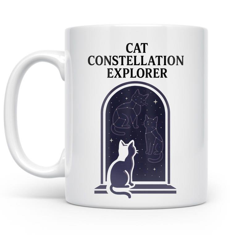 Tailorly White Ceramic 11 oz Mug - Cat Constellation Explorer Feline Silhouette Sitting By Window Under Mystical Starry Night Sky Cat