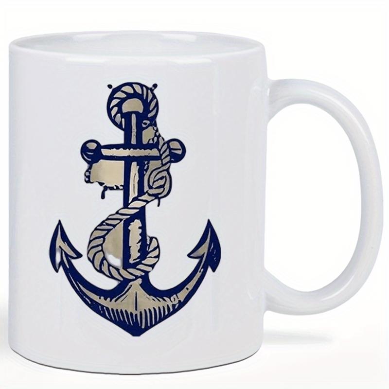 Tailorly White Ceramic 11 oz Mug - Nautical Theme With Coiled Rope In Classic Navy And Beige Tones Anchor