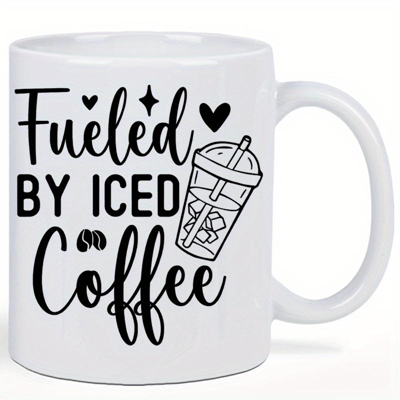Tailorly White Ceramic 11 oz Mug - Fueled By Iced Coffee Minimalist Line Art With Hearts And Sparkles Coffee
