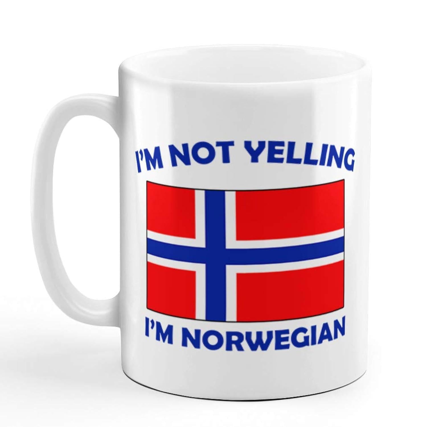 Tailorly White Ceramic 11 oz Mug - Im Not Yelling Im Norwegian Classic Red Banner With A Blue Nordic Cross Flag