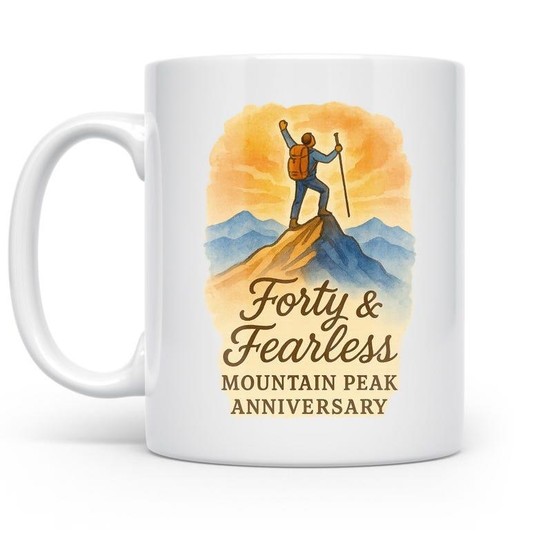 Tailorly White Ceramic 11 oz Mug - Forty Fearless Mountain Peak Anniversary Brave Adventurer Standing Atop Majestic Peak Under Glowing Golden Sunset Hiker