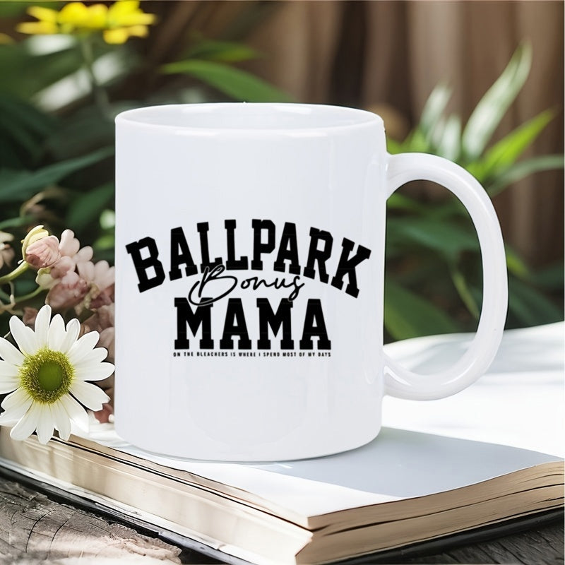 Tailorly White Ceramic 11 oz Mug - Ballpark Bonus Mama Minimalist White Surface Featuring Arched Athletic Font And Elegant Script Mug