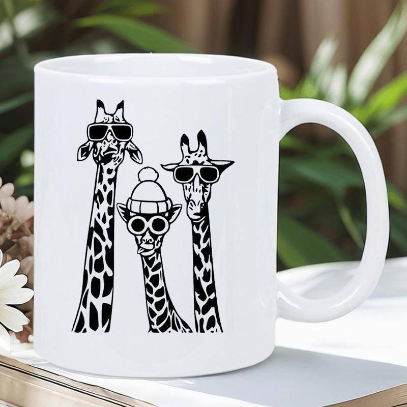 Tailorly White Ceramic 11 oz Mug - Three Playful Animals Wearing Stylish Cool Sunglasses And A Knitted Beanie Giraffes