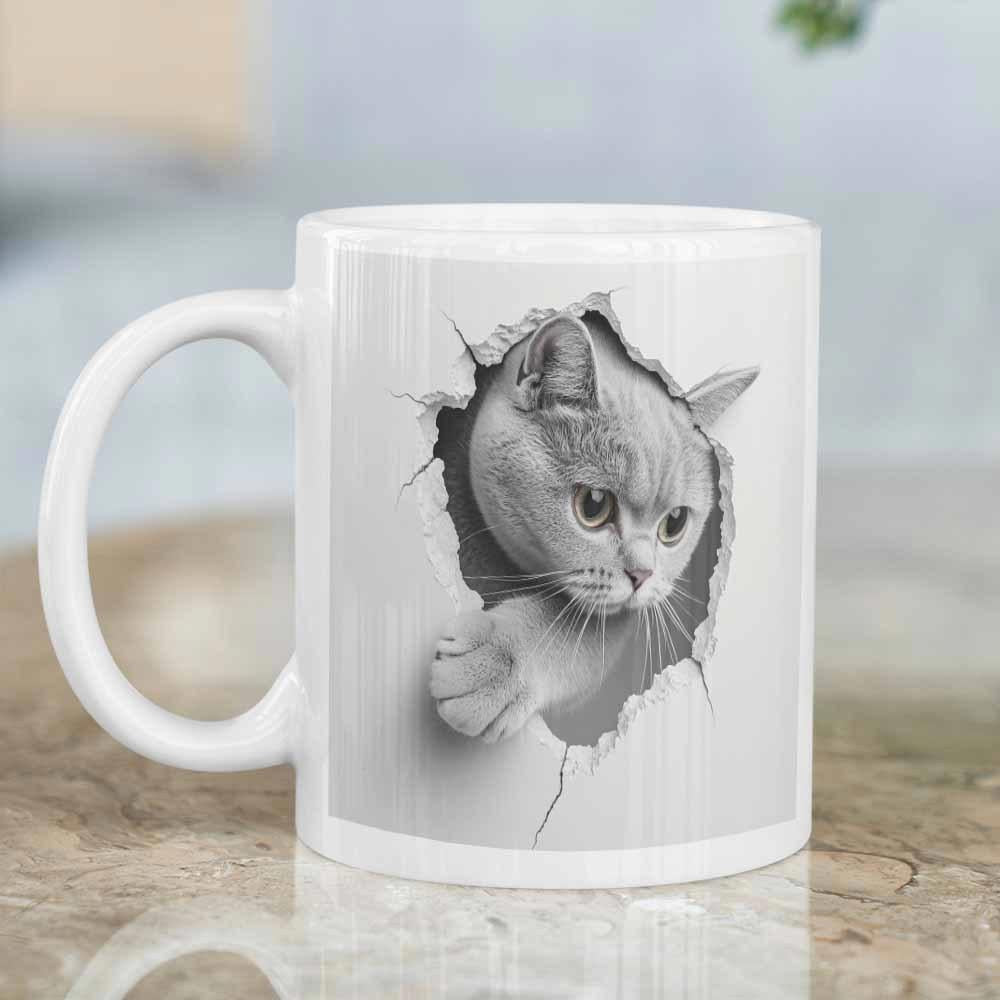 Tailorly White Ceramic 11 oz Mug - Realistic Black And White Feline Peeking Through A Torn Paper Hole Cat