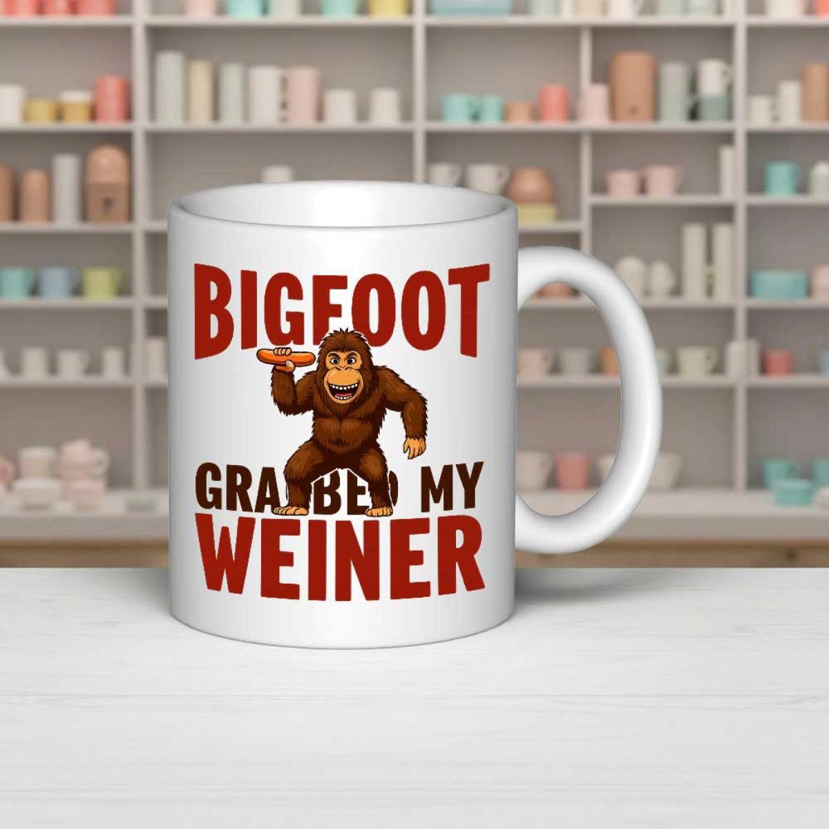 Tailorly White Ceramic 11 oz Mug - Bigfoot Grabbed My Weiner Humorous Brown Hairy Forest Creature Holding A Tasty Classic Hot Dog Sasquatch