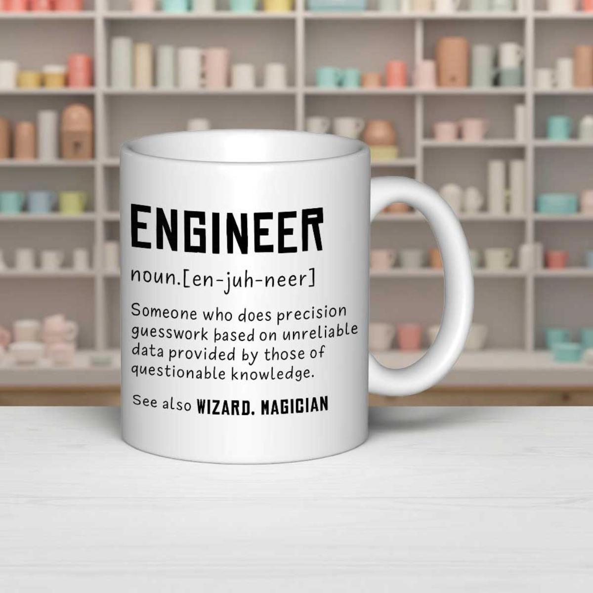 Tailorly White Ceramic 11 oz Mug - Engineer Noun Definition Wizard Magician Minimalist Featuring Bold Black Professional Humorous Typographic Mug