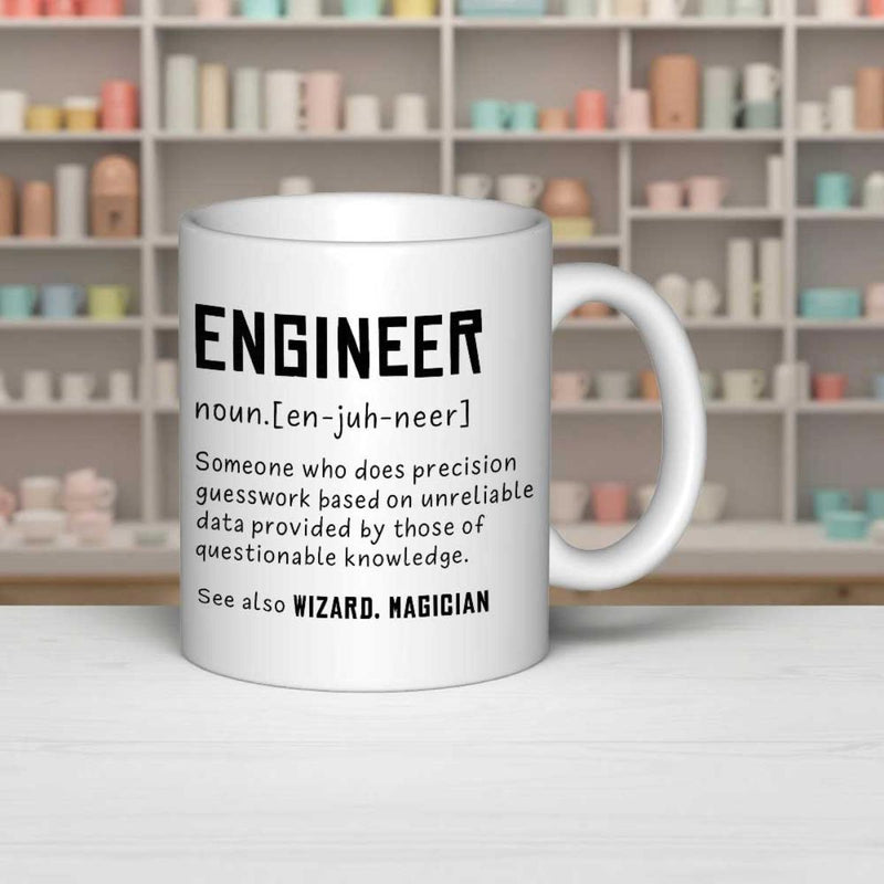 Tailorly White Ceramic 11 oz Mug - Engineer Noun Definition Wizard Magician Minimalist Featuring Bold Black Professional Humorous Typographic Mug
