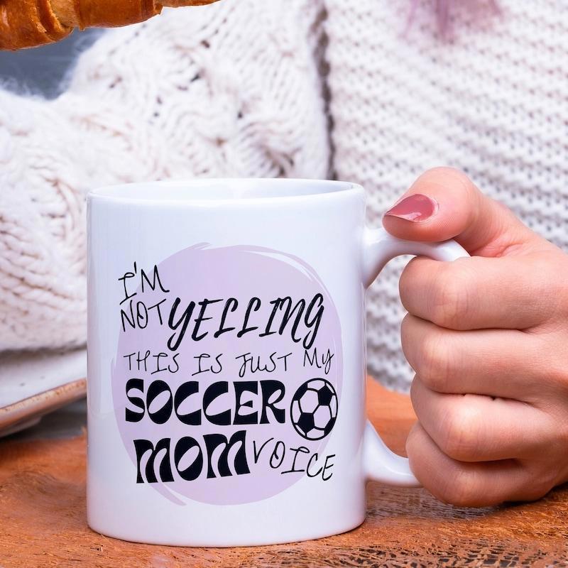 Tailorly White Ceramic 11 oz Mug - Im Not Yelling This Is Just My Soccer Mom Voice Circular Lavender Splash With Classic Soccer Ball And Retro Decorative Soccer