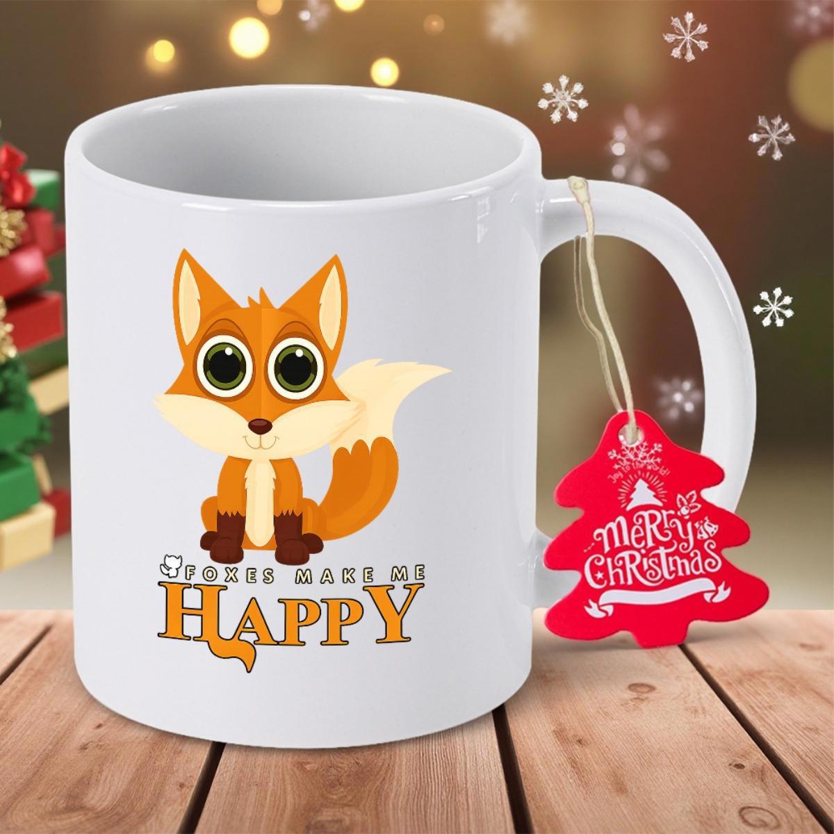 Tailorly White Ceramic 11 oz Mug - You Make Me Happy Adorable Cartoon Fox Sitting Peacefully With Large Sparkling Eyes And Tail Fox