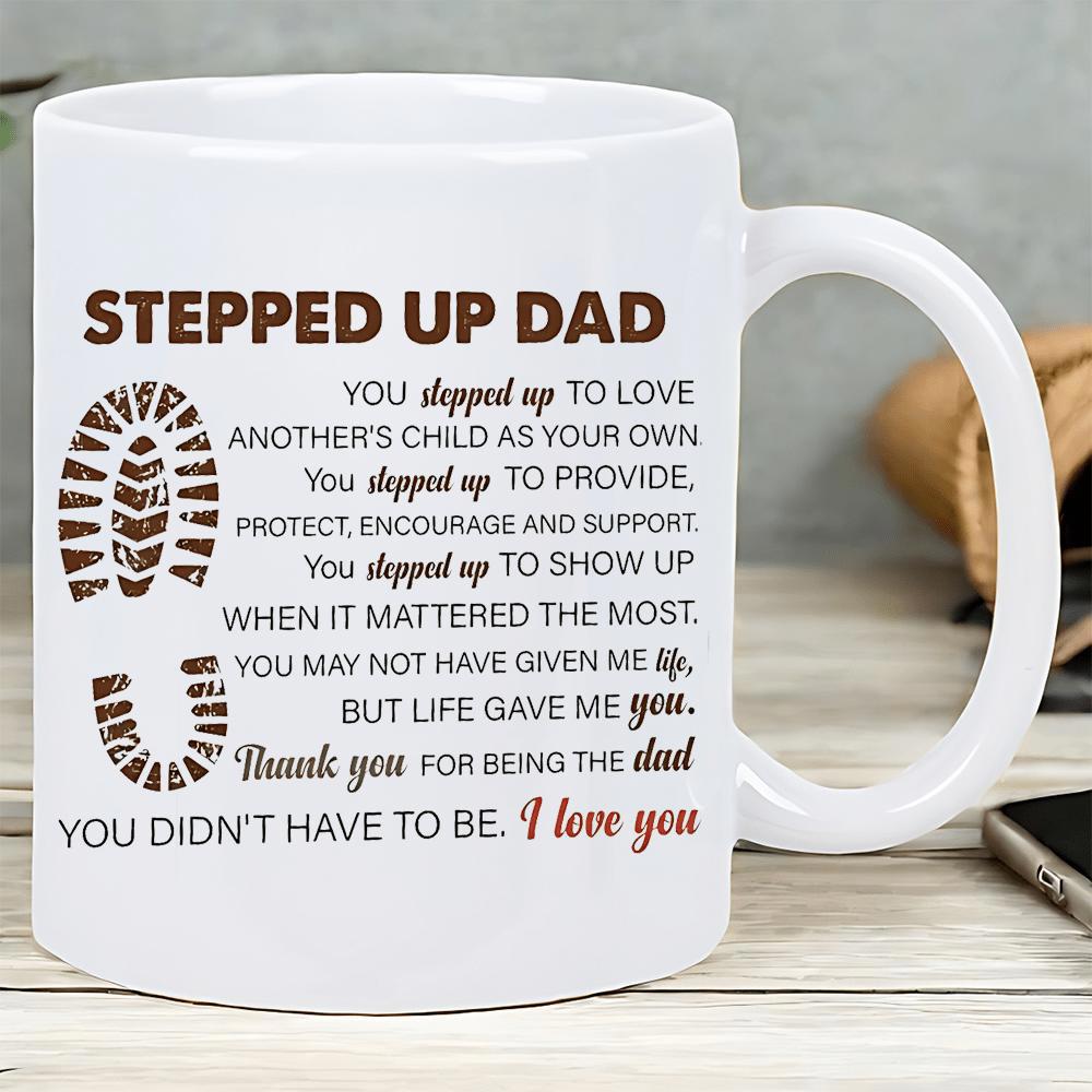 Tailorly White Ceramic 11 oz Mug - Stepped Up Dad Textured Rugged Boot Print Silhouette Beside Meaningful Heartfelt Tribute Mug
