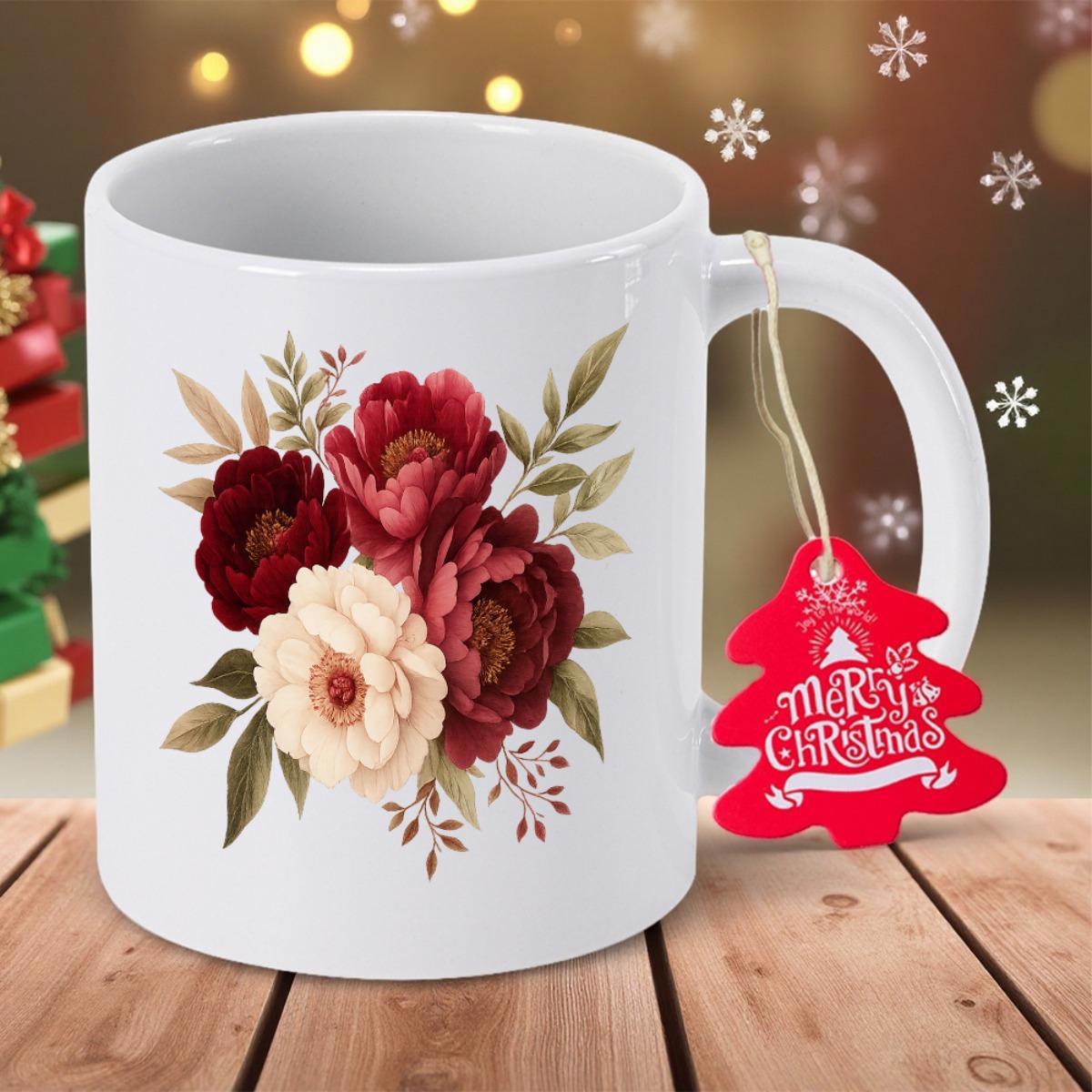 Tailorly White Ceramic 11 oz Mug - Merry Christmas Elegant Deep Red And Cream Peonies With Lush Green Leaves Flower