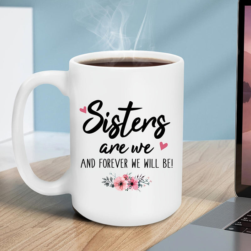 Tailorly White Ceramic 11 oz Mug - Sisters Are We And Forever We Will Be Delicate Pink Hearts And Blooming Watercolor Floral Arrangement On A