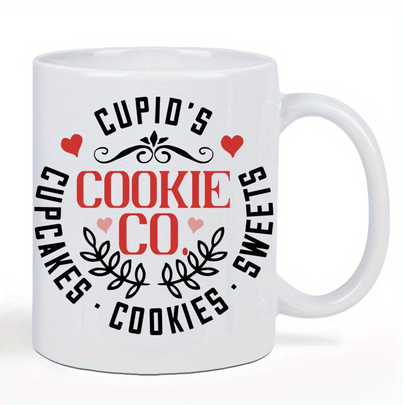 Tailorly White Ceramic 11 oz Mug - Cupids Cookie Co Cupcakes Cookies Sweets Charming Red Hearts With Ornamental Flourishes And Laurel Branch Sign