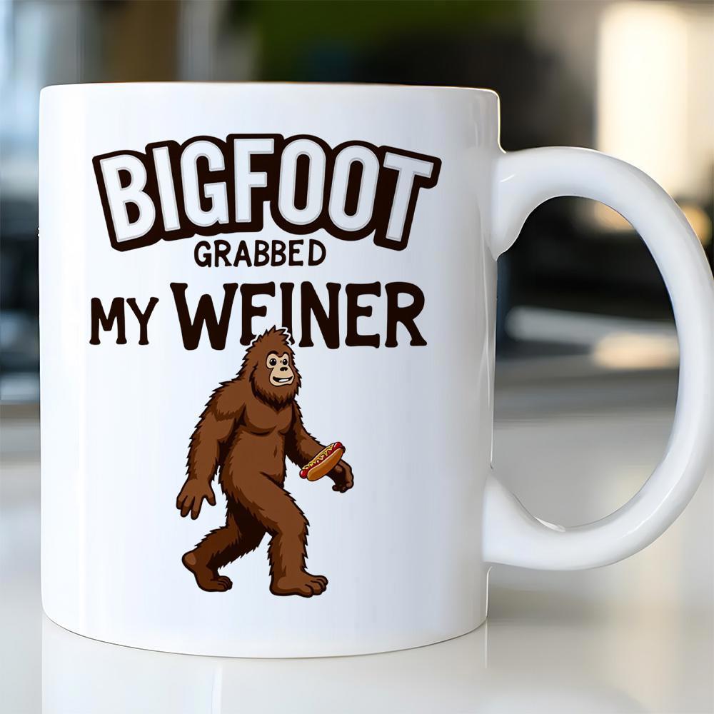 Tailorly White Ceramic 11 oz Mug - Bigfoot Grabbed My Weiner Brown Furry Legendary Creature Walking While Holding A Grilled Hot Dog Sasquatch