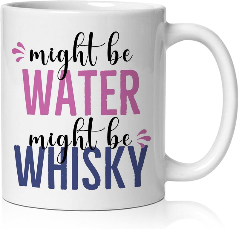 Tailorly White Ceramic 11 oz Mug - Might Be Water Might Be Whisky Minimalist Droplets Splashing Around Bold Playful Letters On A Ceramic Surface Mug