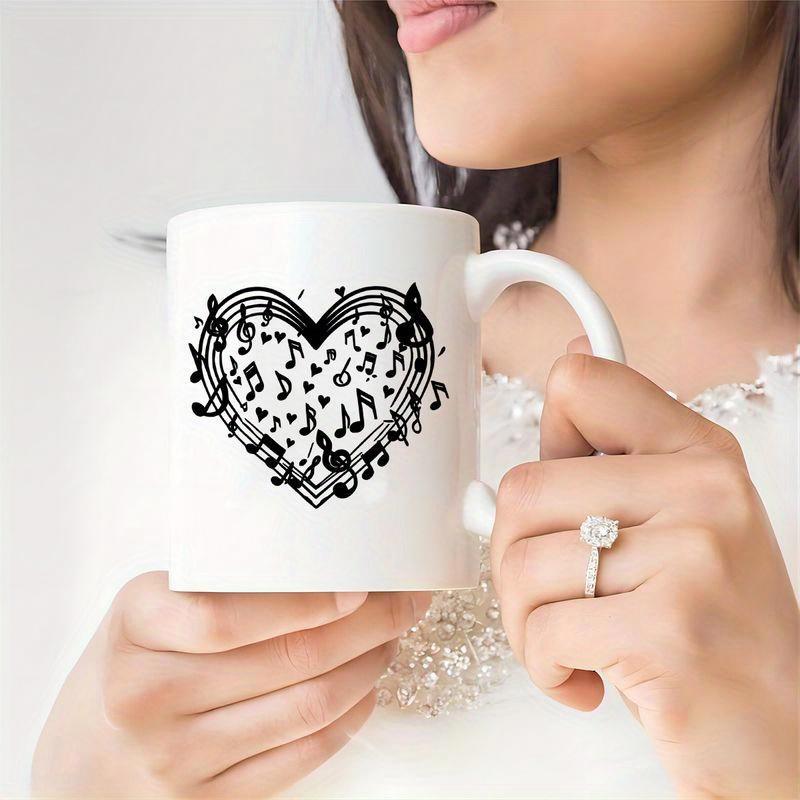 Tailorly White Ceramic 11 oz Mug - Rhythmic Musical Notes And Staff Arranged Into A Beautiful Melodic Heart