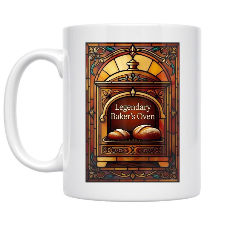 Tailorly White Ceramic 11 oz Mug - Legendary Baker's Oven Intricate Stained Glass Window Design Depicting A Traditional Stone Baking Oven