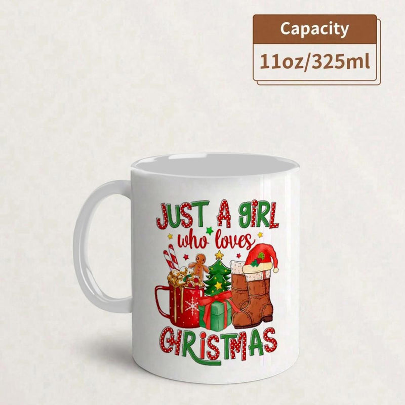 Tailorly White Ceramic 11 oz Mug - Just A Girl Who Loves Christmas Festive Holiday Elements With Gingerbread Man And Santa Hat Themed Beverage Mug