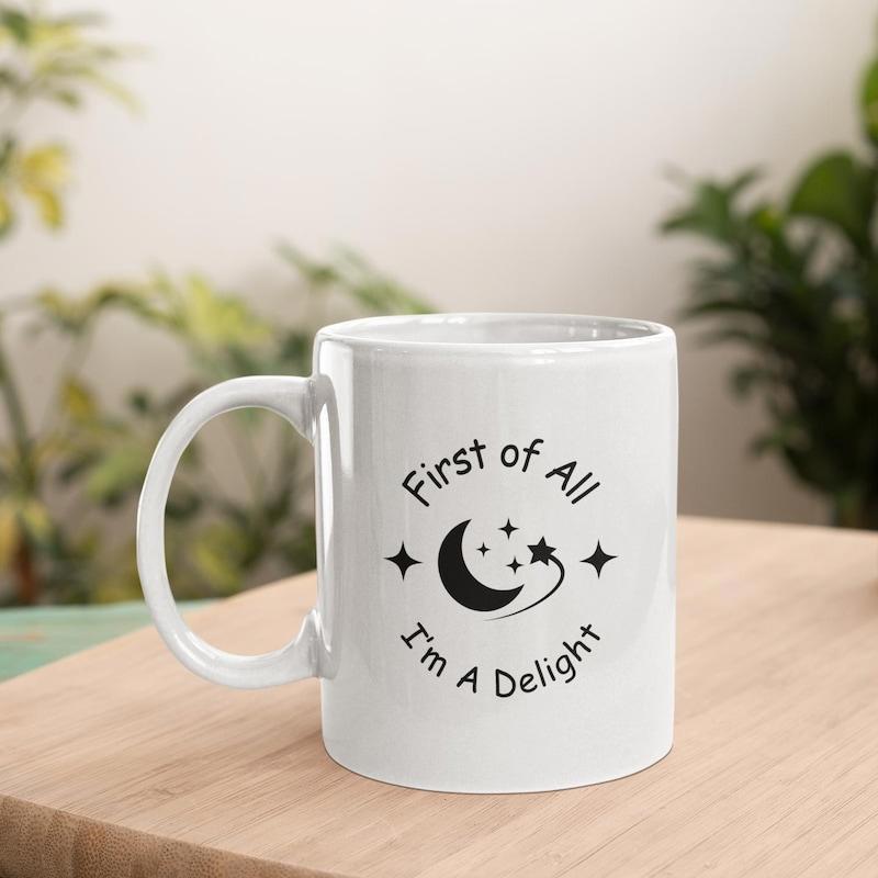 Tailorly White Ceramic 11 oz Mug - First Of All Im A Delight Minimalist Black Crescent Moon Surrounded By Sparkles And Twinkling Stars Moon
