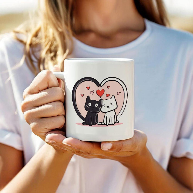 Tailorly White Ceramic 11 oz Mug - Adorable Black And White Feline Couple Sitting Within A Pink Heart Cats