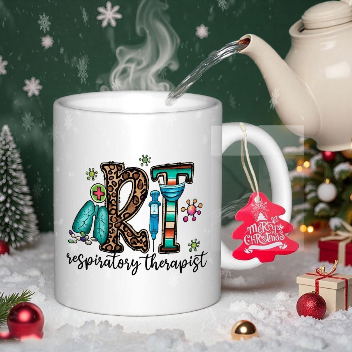 Tailorly White Ceramic 11 oz Mug - RT Respiratory Therapist Professional Medical Icons Featuring Leopard Print And Geometric Lungs Mug