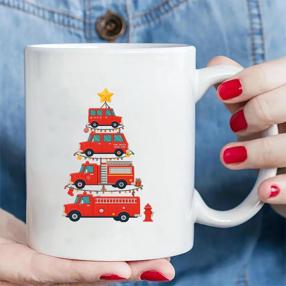 Tailorly White Ceramic 11 oz Mug - Festive Stacked Red Fire Trucks Arranged In A Decorative Christmas Tree