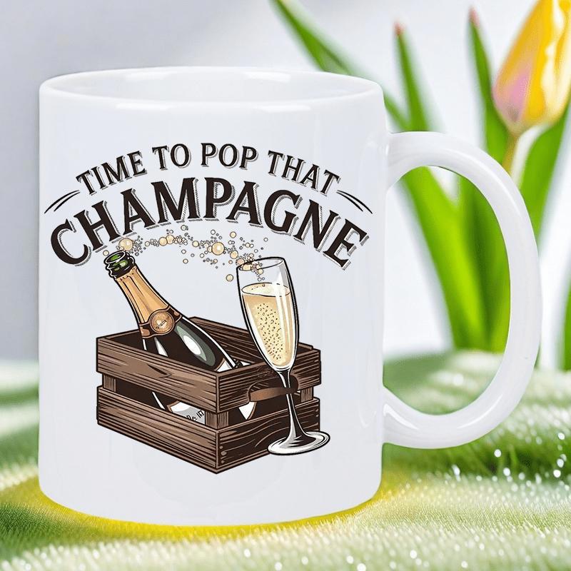 Tailorly White Ceramic 11 oz Mug - Time To Pop That Champagne Sparkling Bottle Resting Inside Rustic Wooden Crate With Glass Champagne