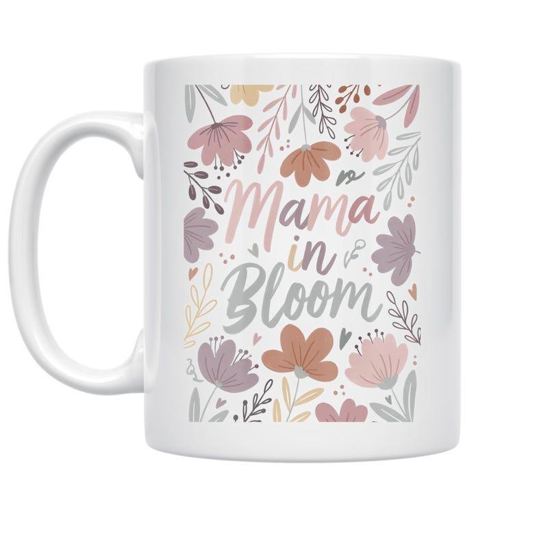 Tailorly White Ceramic 11 oz Mug - Mama In Bloom Delicate Hand Drawn Wildflowers Among Elegant Soft Pastel Botanical Leaves Flower