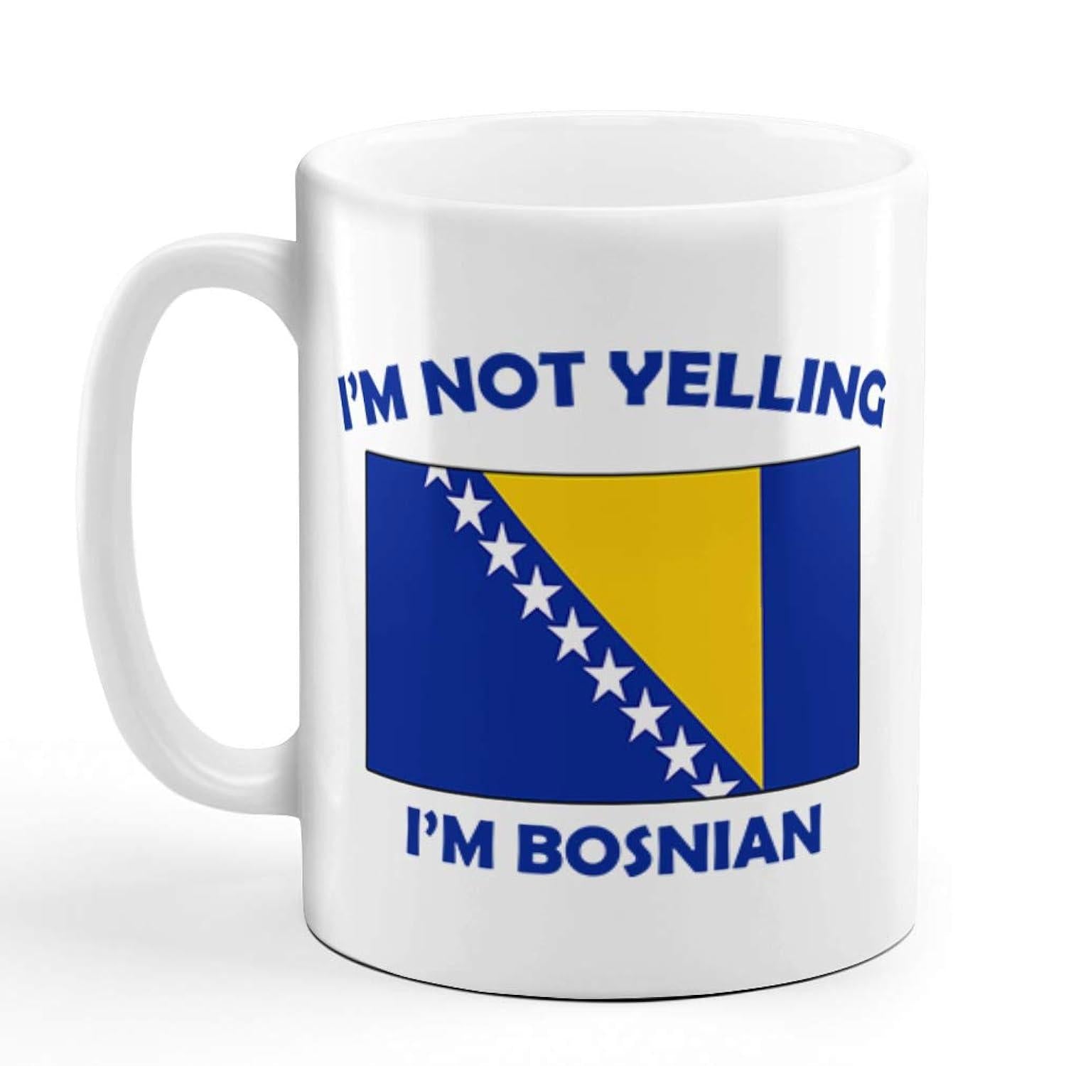 Tailorly White Ceramic 11 oz Mug - Im Not Yelling Im Bosnian National Flag Of Bosnia With Stars And Yellow Triangle Flag