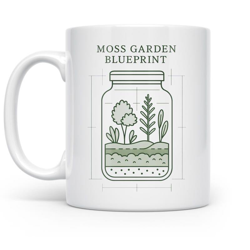 Tailorly White Ceramic 11 oz Mug - Moss Garden Blueprint Technical Drawing Of Miniature Botanical Plants Inside A Glass Jar