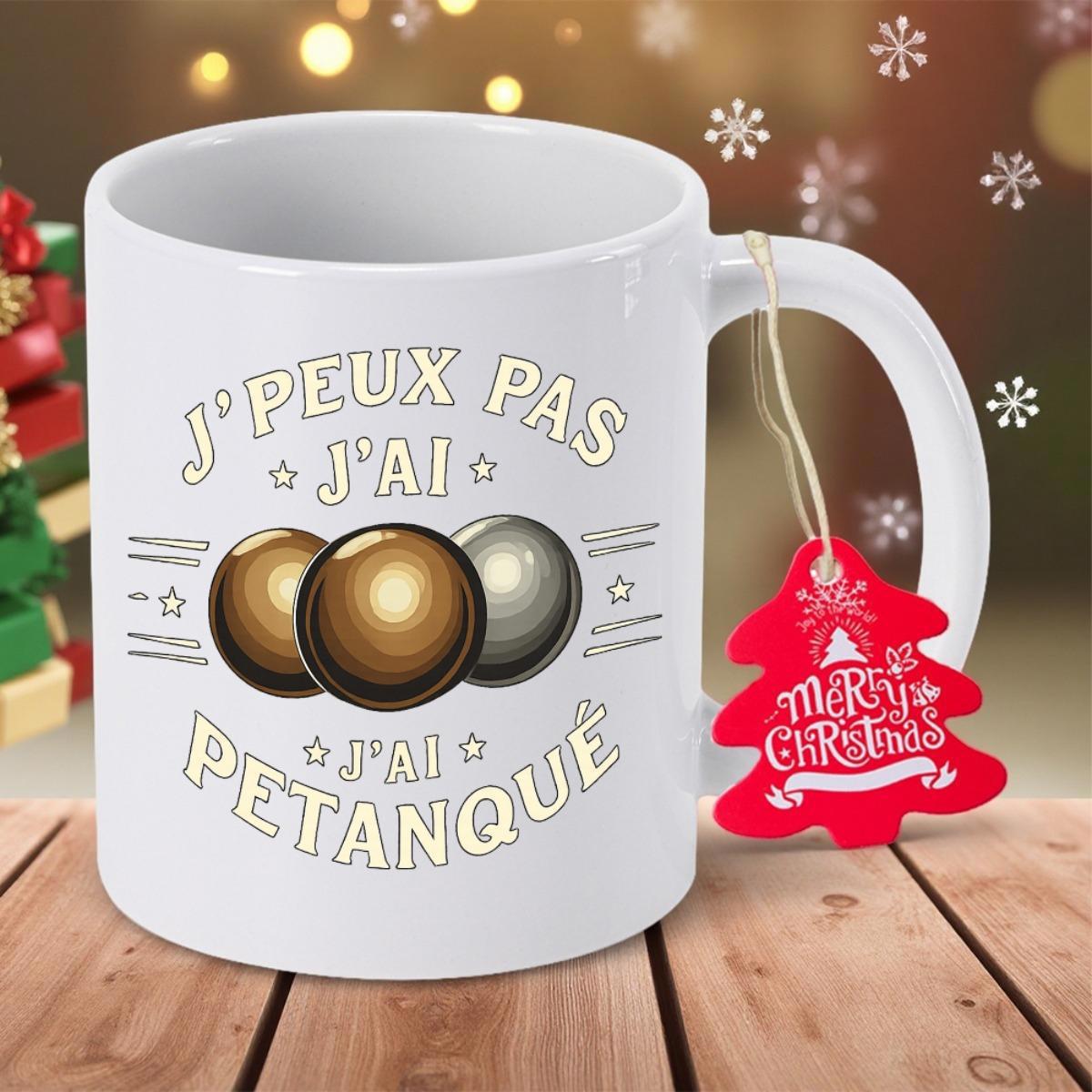 Tailorly White Ceramic 11 oz Mug - Merry Christmas Shiny Metallic Spheres Arranged For Playing Traditional French Outdoor Sport Boules