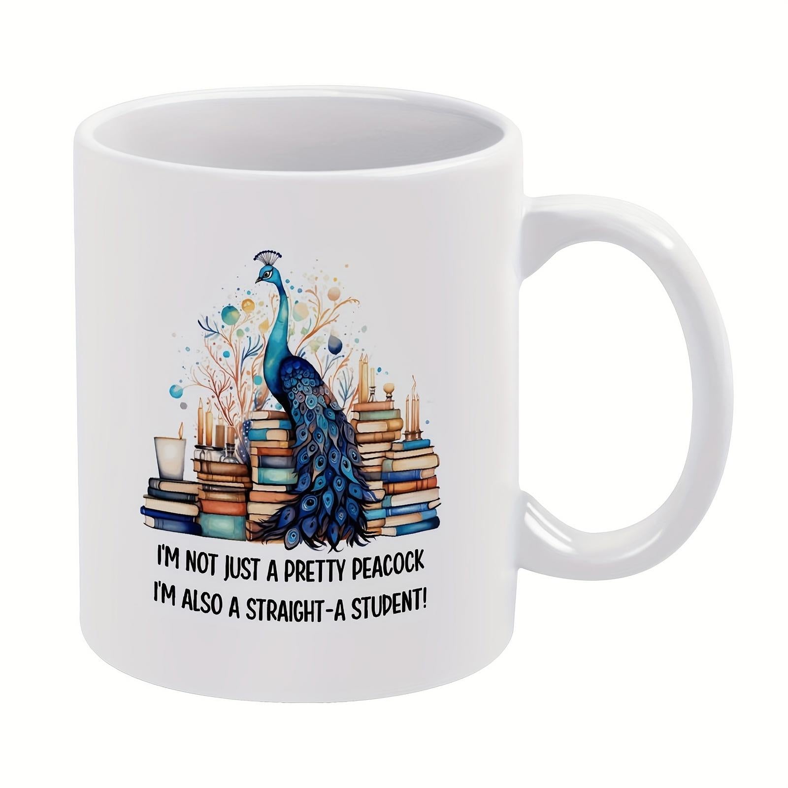 Tailorly White Ceramic 11 oz Mug - Im Not Just A Pretty Peacock Im Also A Straight A Student Vibrant Blue Bird Perched Atop A Colorful Stack Of Vintage Academic