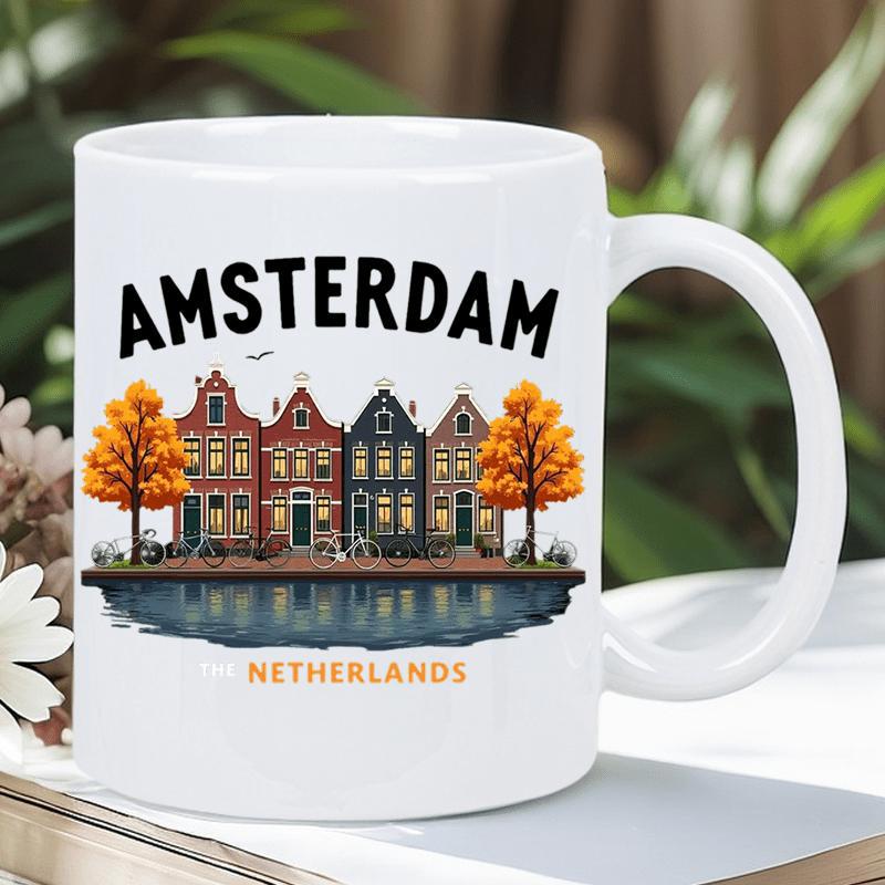 Tailorly White Ceramic 11 oz Mug - Amsterdam Netherlands Iconic Colorful Canal Architecture Reflecting In Calm Water Under Autumnal Trees House