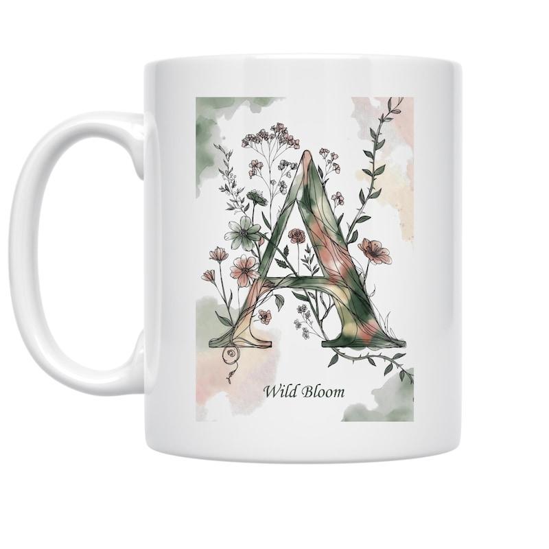 Tailorly White Ceramic 11 oz Mug - Wild Bloom Vintage Watercolor Flowers Growing Around An Elegant Serif Styled Alphabet