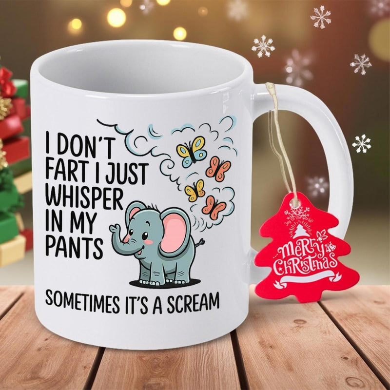 Tailorly White Ceramic 11 oz Mug - I Don't Fart I Just Whisper In My Pants Sometimes It's A Scream Adorable Cartoon Baby Elephant Releasing Colorful Butterflies