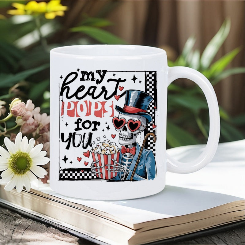 Tailorly White Ceramic 11 oz Mug - My Heart Pops For You Dapper Stylish Skeleton Wearing Heart Sunglasses And Holding Striped Popcorn Skeleton