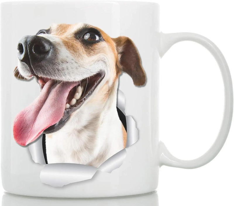 Tailorly White Ceramic 11 oz Mug - Happy Jack Russell Terrier Peeking Through Ripped White Paper Frame Smiling Dog
