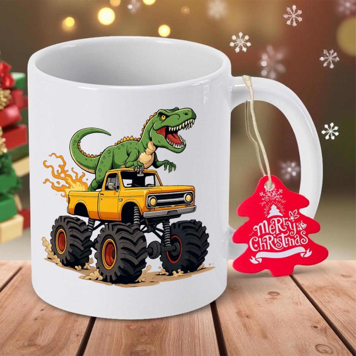 Tailorly White Ceramic 11 oz Mug - Merry Christmas Powerful Green T Rex Riding A Rugged Yellow Large Wheeled Monster Truck Dinosaur