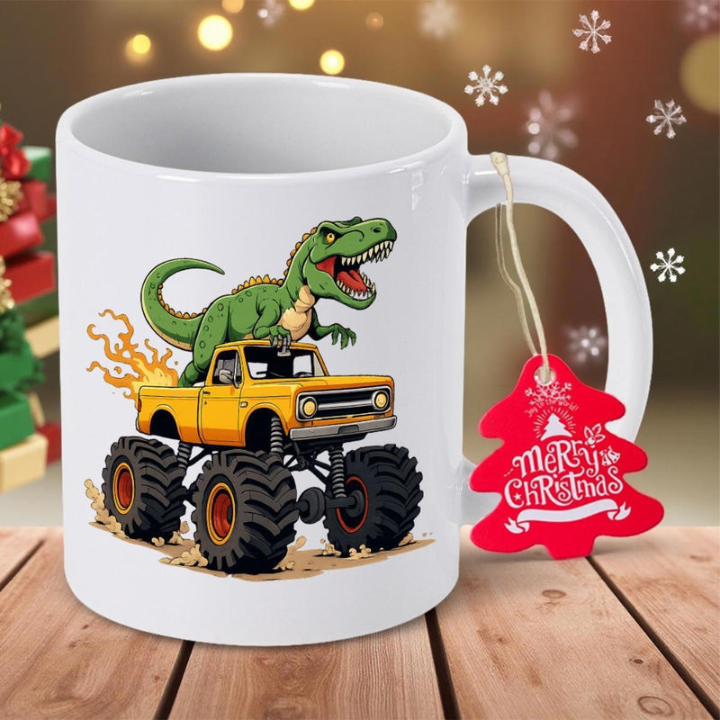 Tailorly White Ceramic 11 oz Mug - Merry Christmas Powerful Green T Rex Riding A Rugged Yellow Large Wheeled Monster Truck Dinosaur