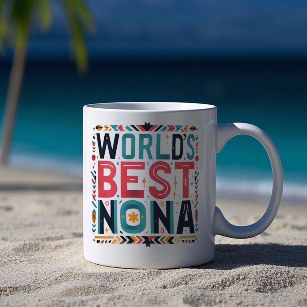 Tailorly White Ceramic 11 oz Mug - Worlds Best Nona Bohemian Geometric Tribal Patterns With Colorful Bold Letters And Star Mug