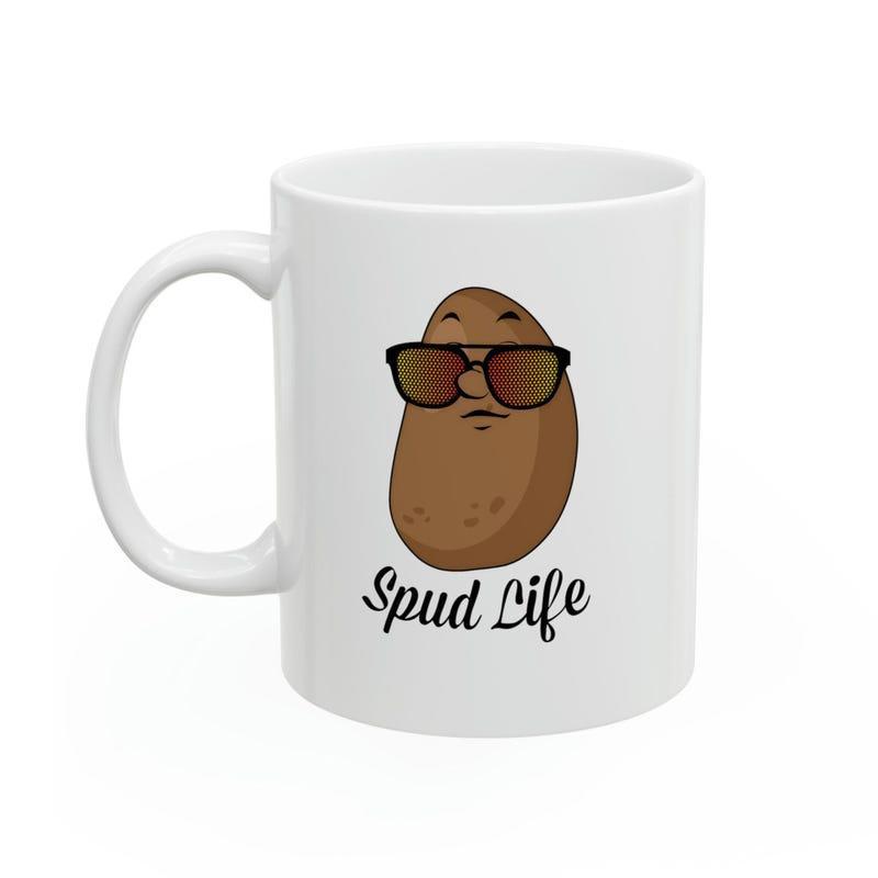 Tailorly White Ceramic 11 oz Mug - Spud Life Cool Cartoon Character Wearing Stylish Dark Sunglasses On Pure White Surface Potato