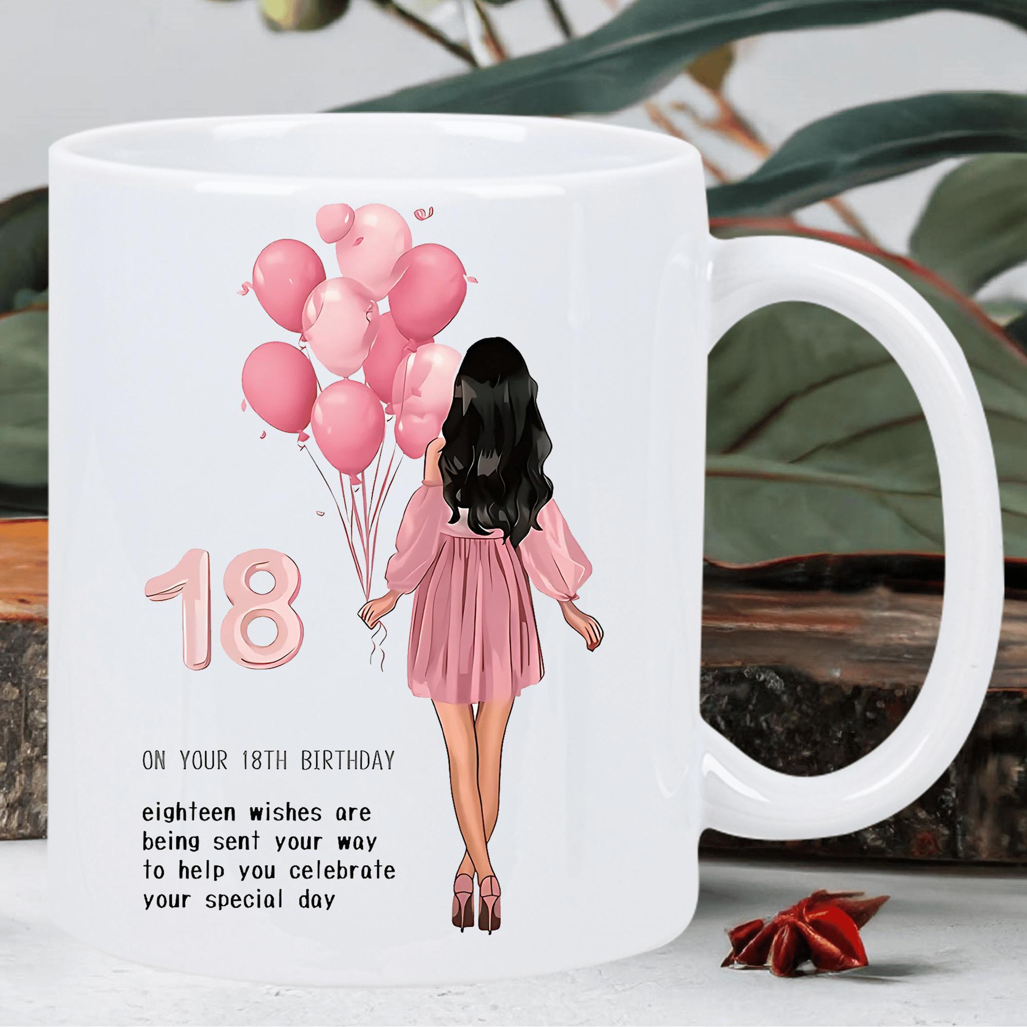 Tailorly White Ceramic 11 oz Mug - 18 On Your 18th Birthday Elegant Girl With Long Black Hair Carrying Clusters Of Pink Balloons Girl
