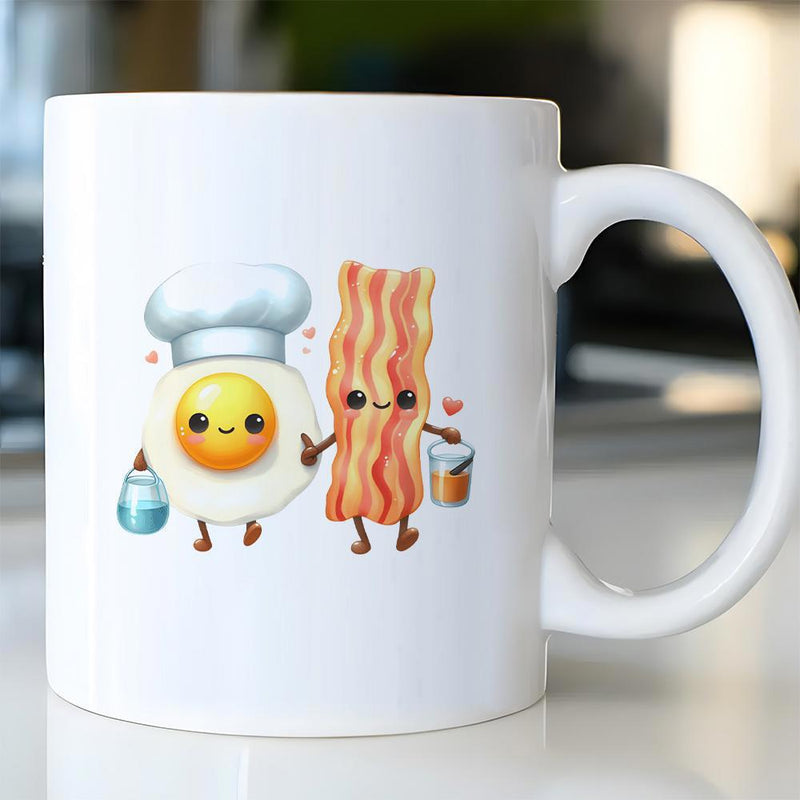 Tailorly White Ceramic 11 oz Mug - Smiling Fried Egg Wearing Chef Hat Holding Hands With Wavy Bacon Characters