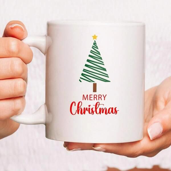 Tailorly White Ceramic 11 oz Mug - Merry Christmas Minimalist Green Zigzag Line With Golden Star On Top Festive Tree