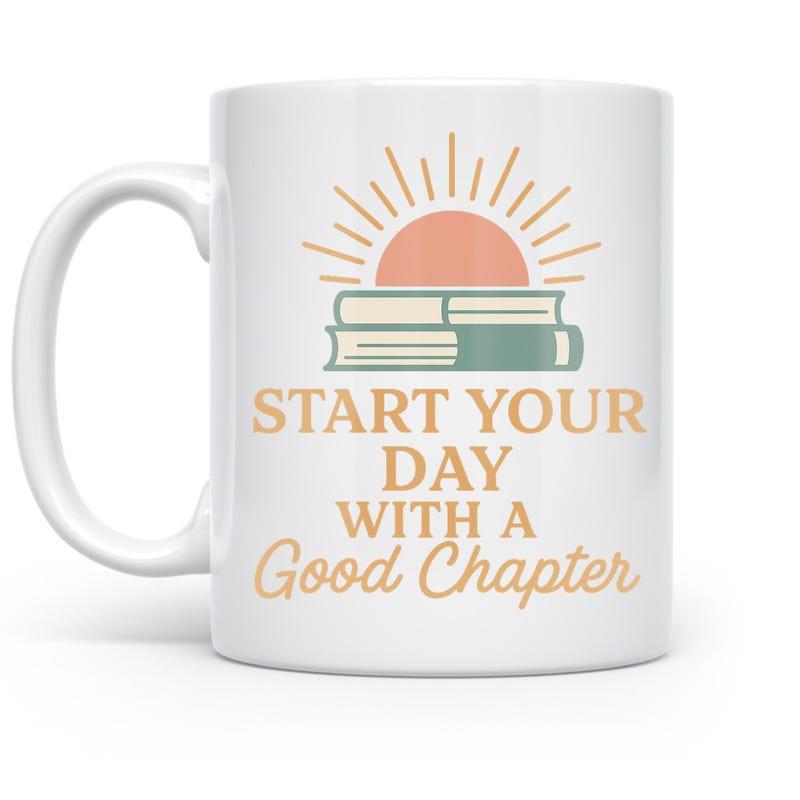 Tailorly White Ceramic 11 oz Mug - Start Your Day With A Good Chapter Radiant Sun Rising Over A Stack Of Vintage Colored Reading Books