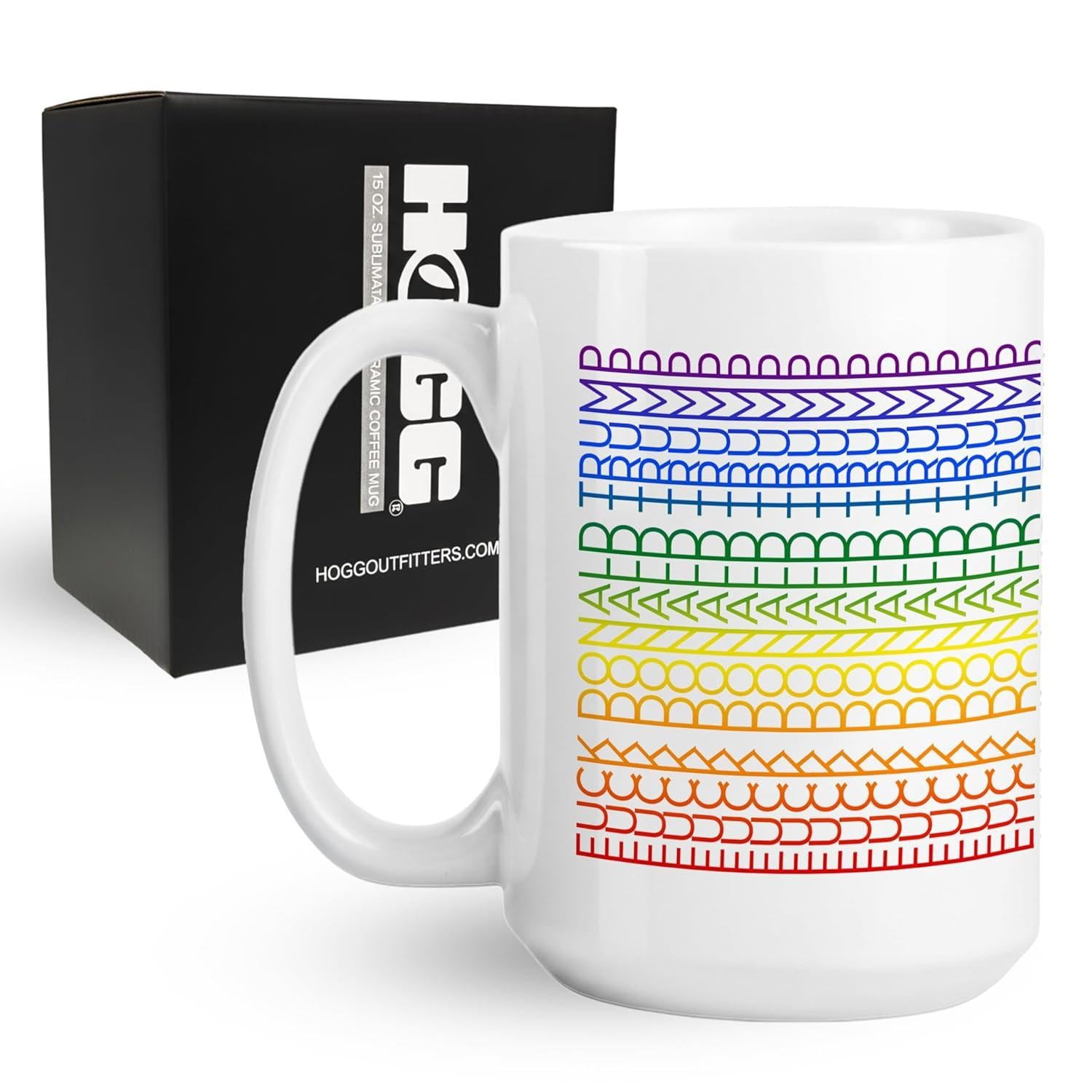 Tailorly White Ceramic 11 oz Mug - Colorful Rainbow Gradient Horizontal Geometric Lines With Intricate Hand Drawn Pattern