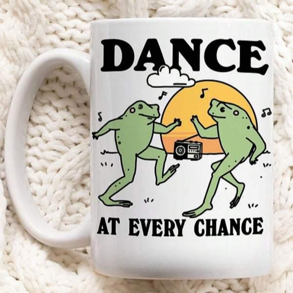 Tailorly White Ceramic 11 oz Mug - Dance At Every Chance Two Happy Green Frogs Dancing To Radio Music Under Yellow Sun Frog