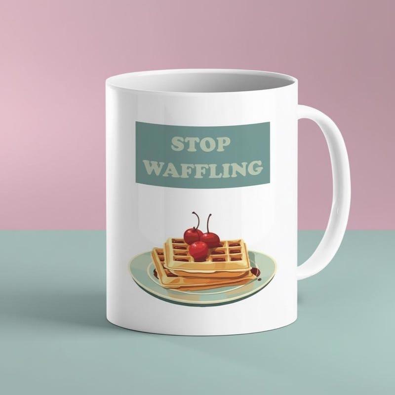 Tailorly White Ceramic 11 oz Mug - Stop Waffling Delicious Stacked Breakfast Food With Red Cherries On Plate Waffle