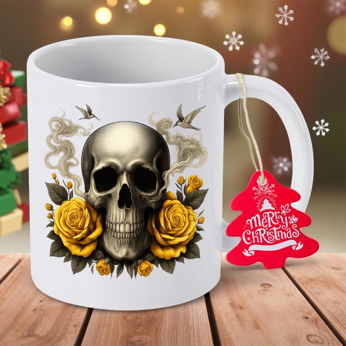 Tailorly White Ceramic 11 oz Mug - Vintage Style Human Skull Surrounded By Golden Roses And Flying Swallows Skull