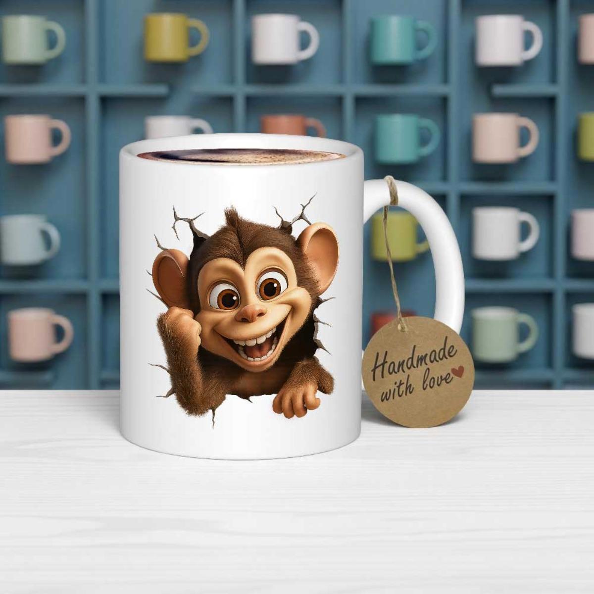 Tailorly White Ceramic 11 oz Mug - Handmade With Love Cute Cartoonish 3D Effect Creature Breaking Through White Ceramic Wall Monkey